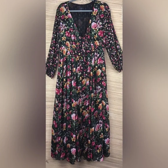 J.Crew Tie Front Lurex Floral Maxi Dress Boho Long Sleeve Romantic Size XL - Picture 4 of 11